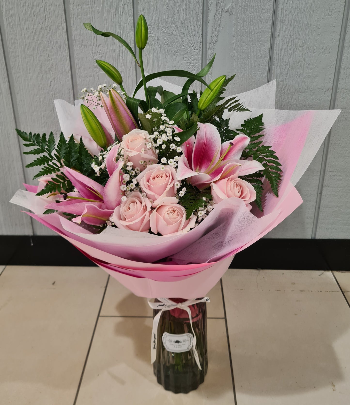 Elegant Pink Lily & Rose Bouquet with Gypsophila