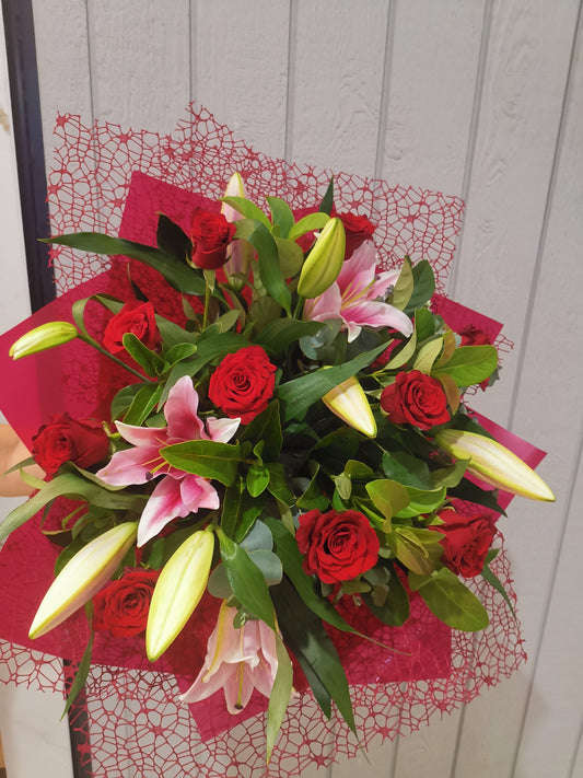 Pink Lily & Red Rose Bouquet