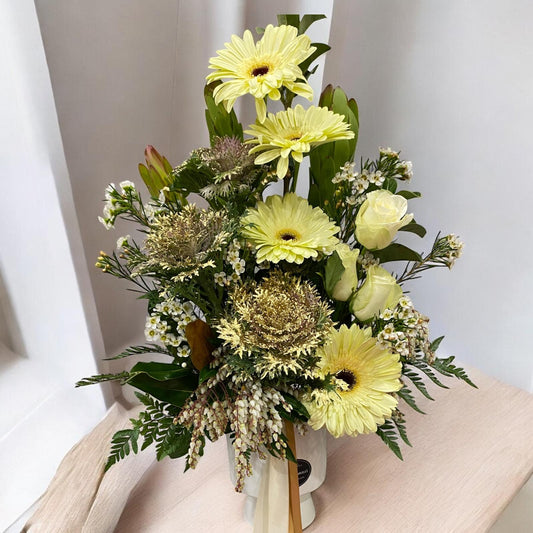 Yellow Gerbera and Rose Floral Arrangement